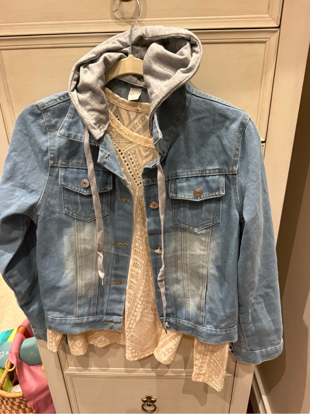New Light Blue Denim Hooded Jacket with Gray Hood